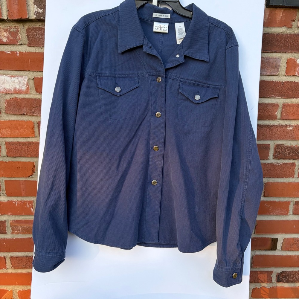 Villager Sport Womens Navy Blue Corduroy Button Down Shirt Jacket Stretch Large